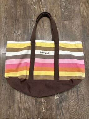 Life Is Good Canvas Beach Bag Tote with Stripes Heavy Duty 22”